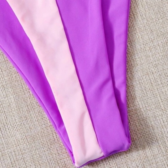 Purple color block halter knot triangle padded top thong bikini swimsuit Sz M - Picture 5 of 6